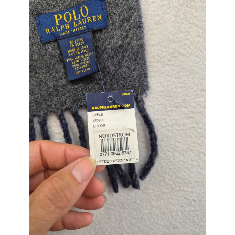 Polo Ralph Lauren Reversible Scarf Navy Blue Grey Virgin Wool ITALY 6F0205 NEW - Picture 6 of 10